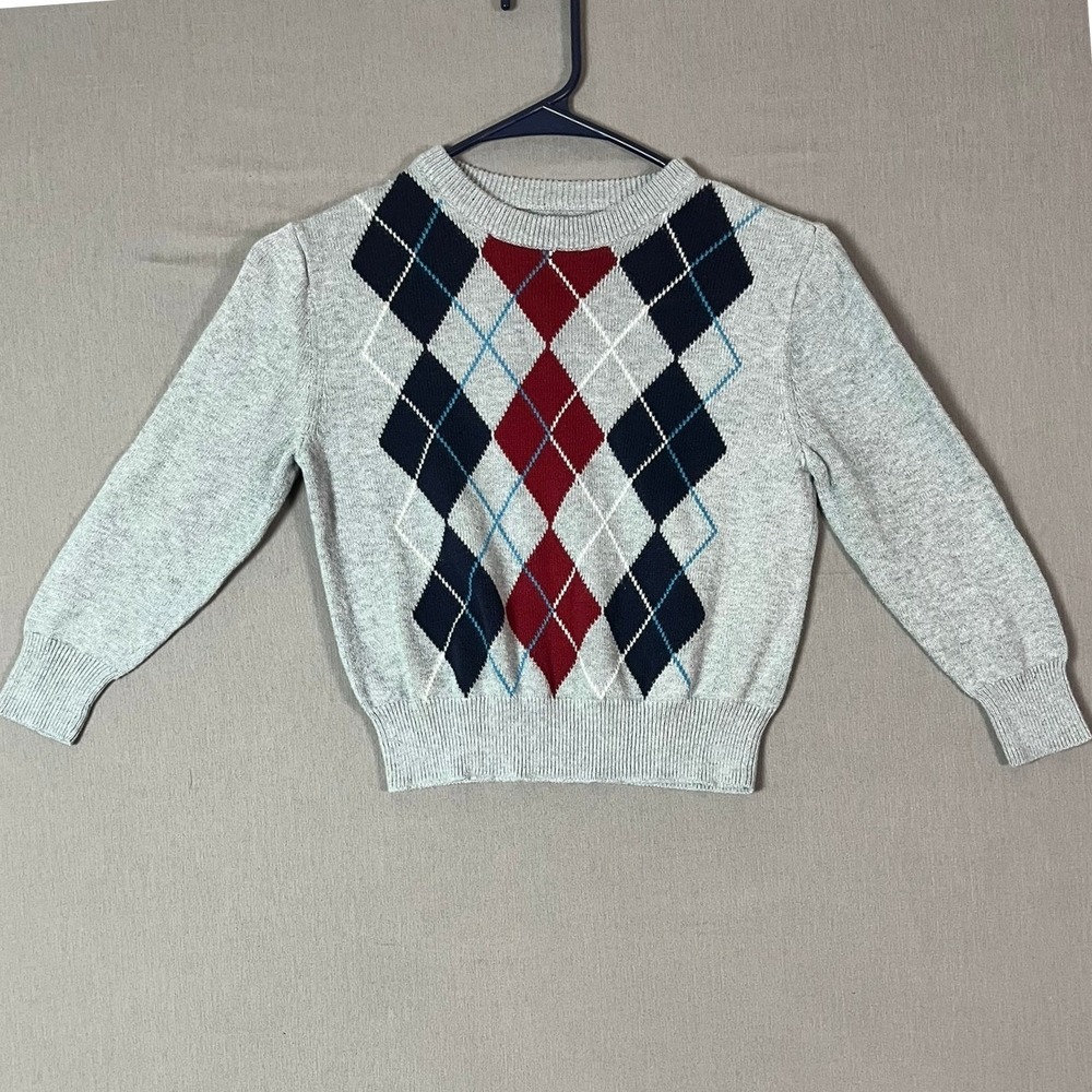 Cherokee Argyle Sweater XS 4/5 Cotton Gray Navy Red EUC